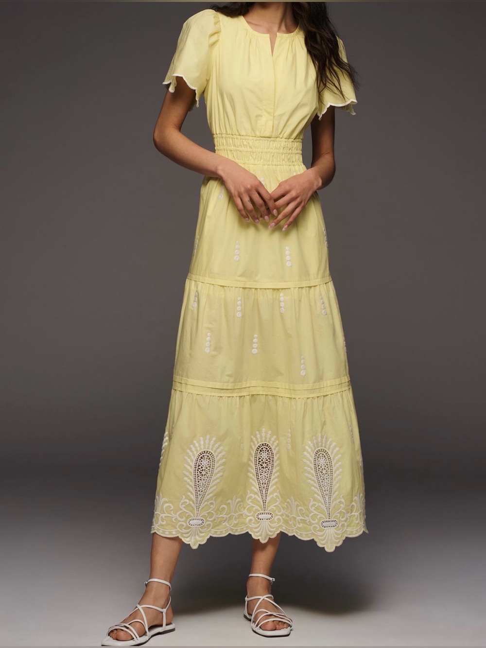 Anthropologie honey dew Embroidered Tiered Maxi Dress 100% cotton